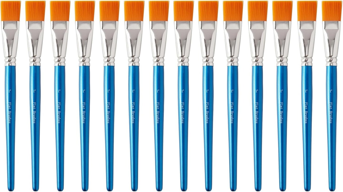 14 Pcs 1 Inch Flat Paint Brushes - Synthetic Nylon Hair Artist Brushes Bulk for Acrylic, Oil, Watercolor - Wooden Handle Professional Painting Brushes for Canvas, Detail Work, Base Coating &#x26; Crafts