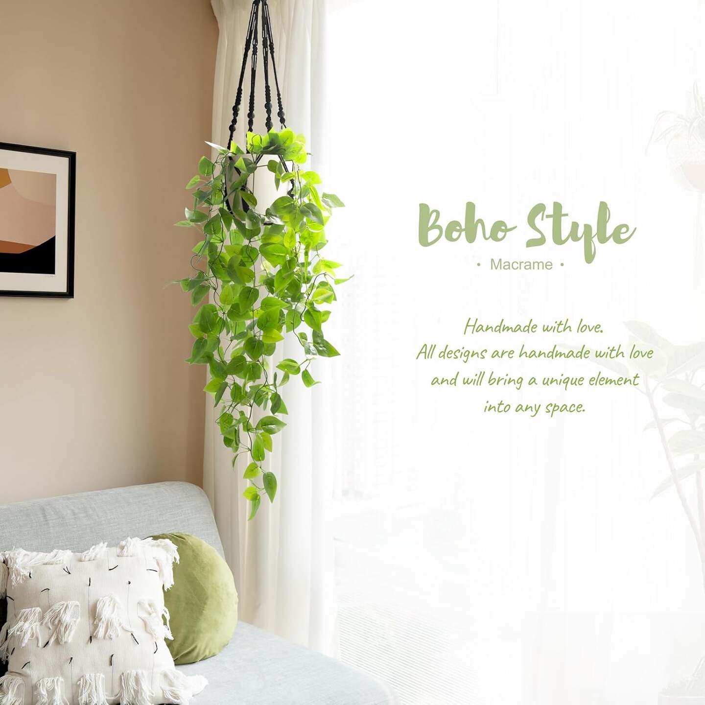 Artificial Macrame Hanging Plant with Pot (1, Black)