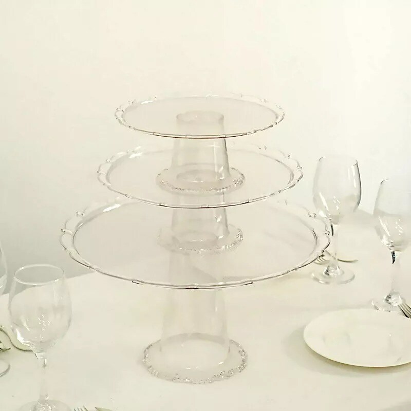 3 Clear Round Plastic CUPCAKE Display STANDS Stackable Dessert Pedestals Party