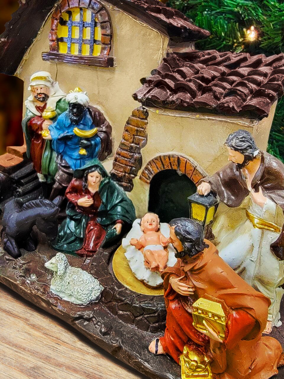 Christmas Village with LED Lights. Holy Family Scene