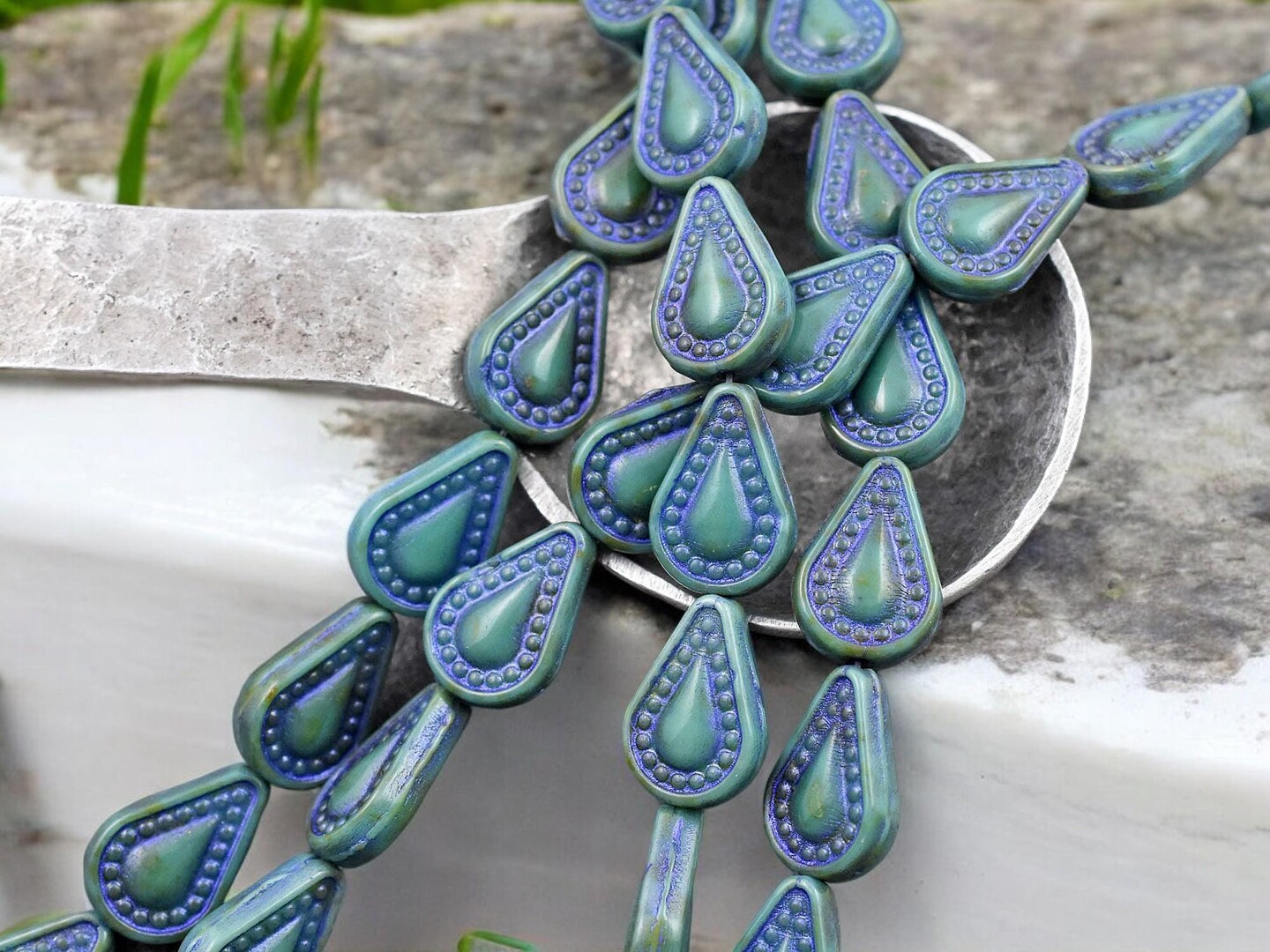 *10* 14x10mm Purple Washed Opaque Turquoise Filigree Tear Drop Beads