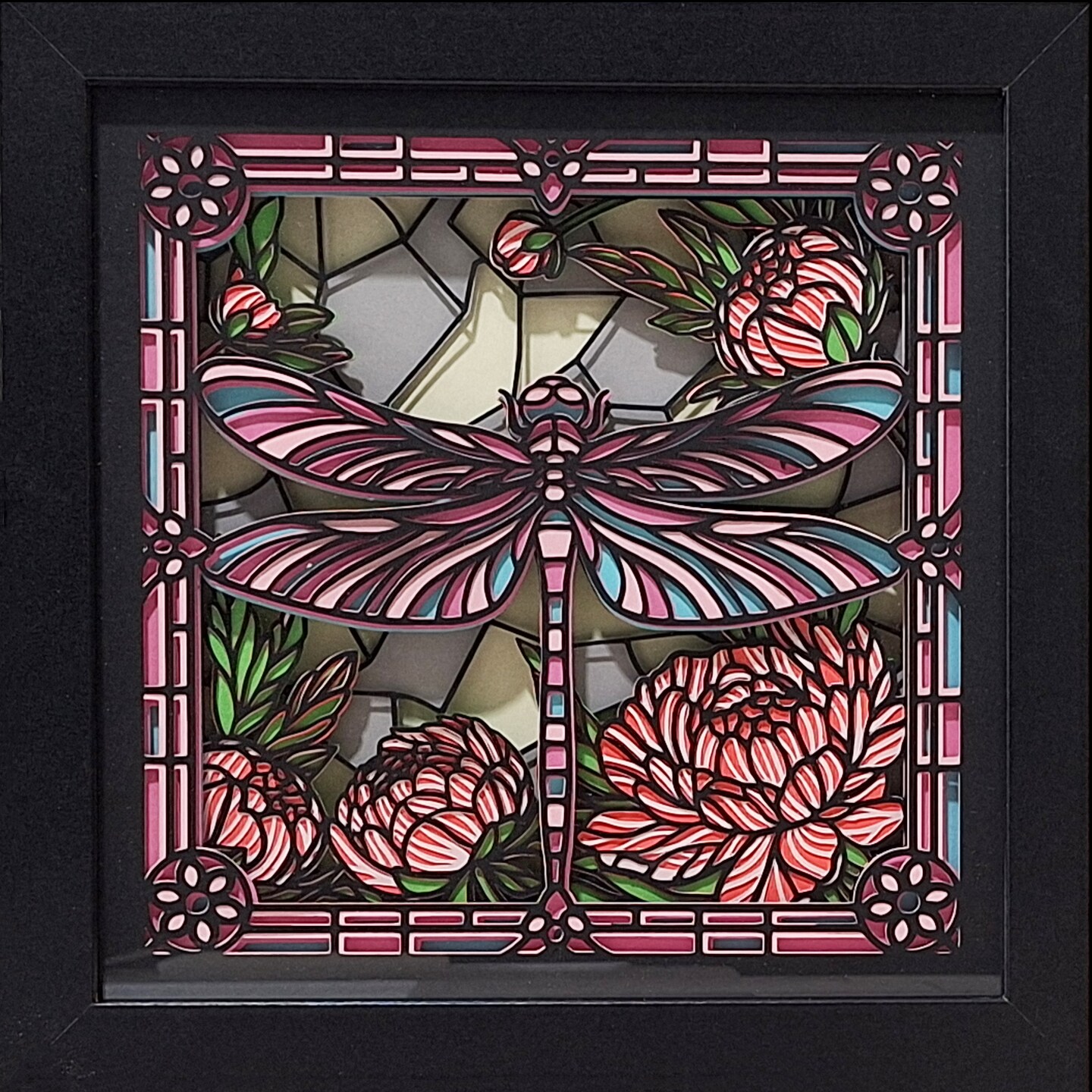 Dragonfly 3D Layered Papercraft Art Shadow Box in Pink, Red