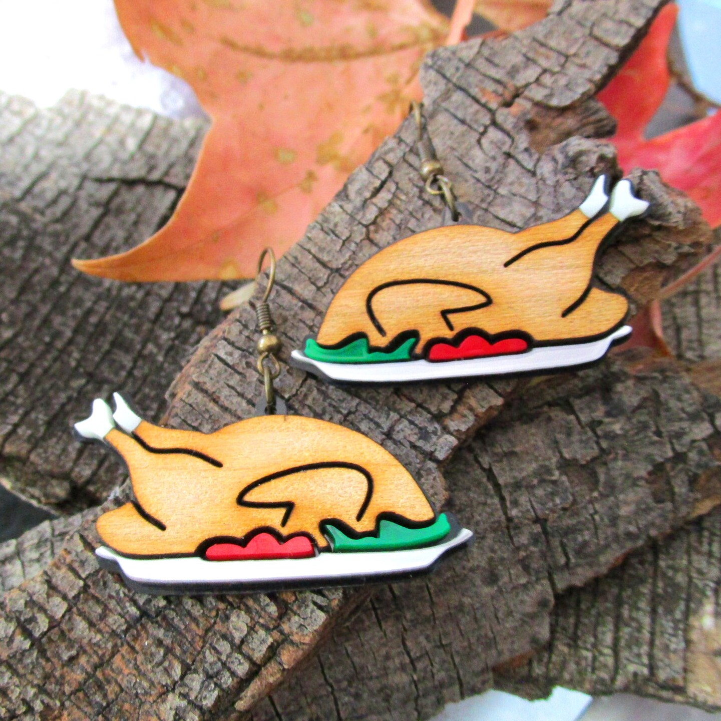 thumbnail image 2 of Huge Funky Turkey Earrings – Thanksgiving Holiday Bird Dangle Earrings (USA Made) 2 of 3