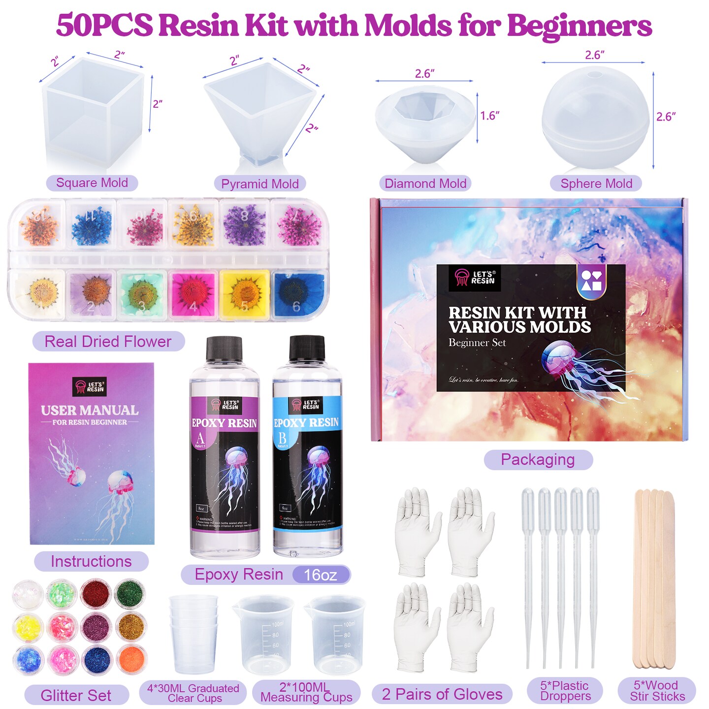 LET&#x27;S RESIN Epoxy Resin Kits and Molds Complete Set, 16oz Resin Art Kit with Silicone Molds, Pigment, Dried Flowers, Crafts for Adults, Beginners, Art Supplies for DIY Lovers, DIY Gift for Women