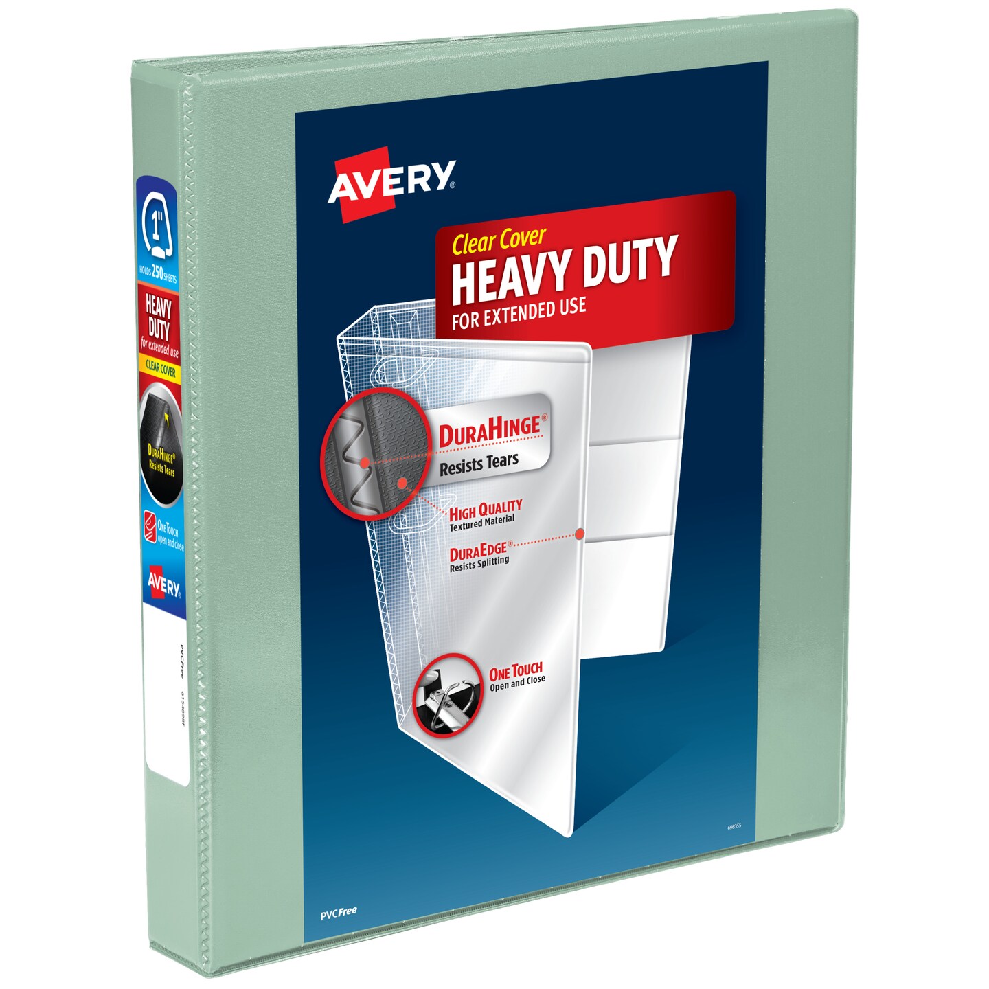 Avery Heavy-Duty View 3 Ring Binders, 1 Inch One Touch Slant Rings, 250-Sheet Capacity, DuraHinge, 1.4 Inch Wide Spine, Customizable Clear Cover and Spine, 1 Pastel Sage Green Binder (79818)