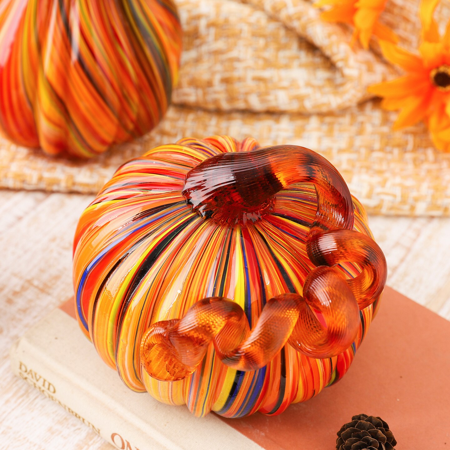 Set of 2/3 Handmade Mouthblown Multi Striped Glass Pumpkin &#x26; Gourd