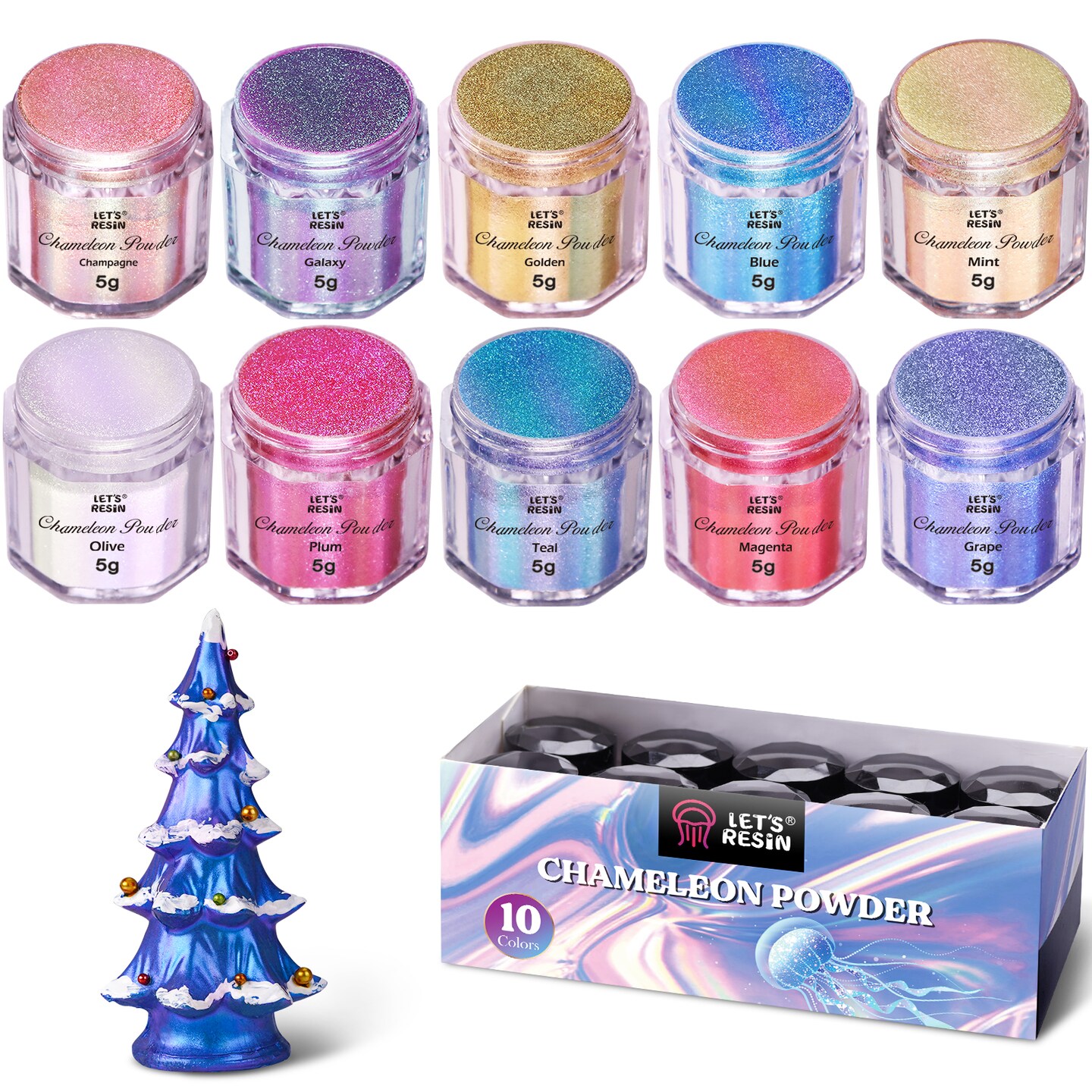 LET'S RESIN Chameleon Powder, 10 Jar Color Shift Mica Powder for Epoxy Resin/Tumbler, Saturated Color Shifting Chrome Pigment Powder for Painting,Slime,Nails