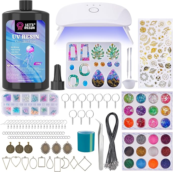 LET&#x27;S RESIN Jewelry Making Kit - 153Pcs Highly Clear Resin with Upgraded UV Lamp, Resin Accessories for Keychains, Jewelry