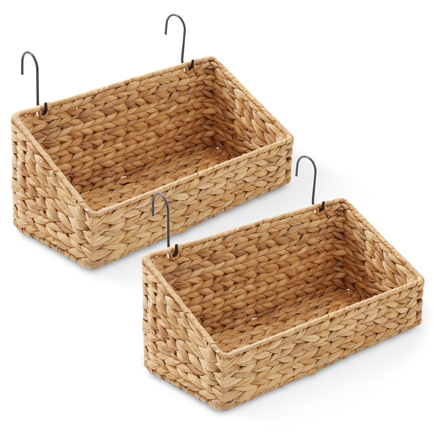 Casafield Set of 2 Hanging Baskets with Hooks, Water Hyacinth Woven Wall Mounted Storage Bins for Kitchen, Bathroom, Laundry Room, Home Office