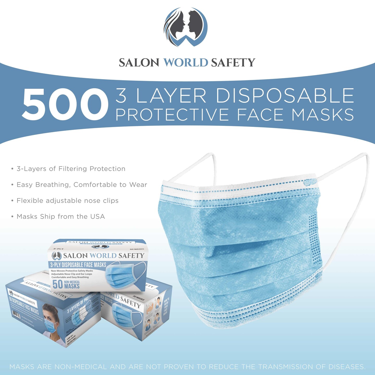 Bulk 10 Boxes (500 Masks) in Sealed Dispenser Boxes of 50 - 3 Layer Disposable Protective Face Masks with Nose Clip Ear Loops, 3-Ply Non-Woven Fabric