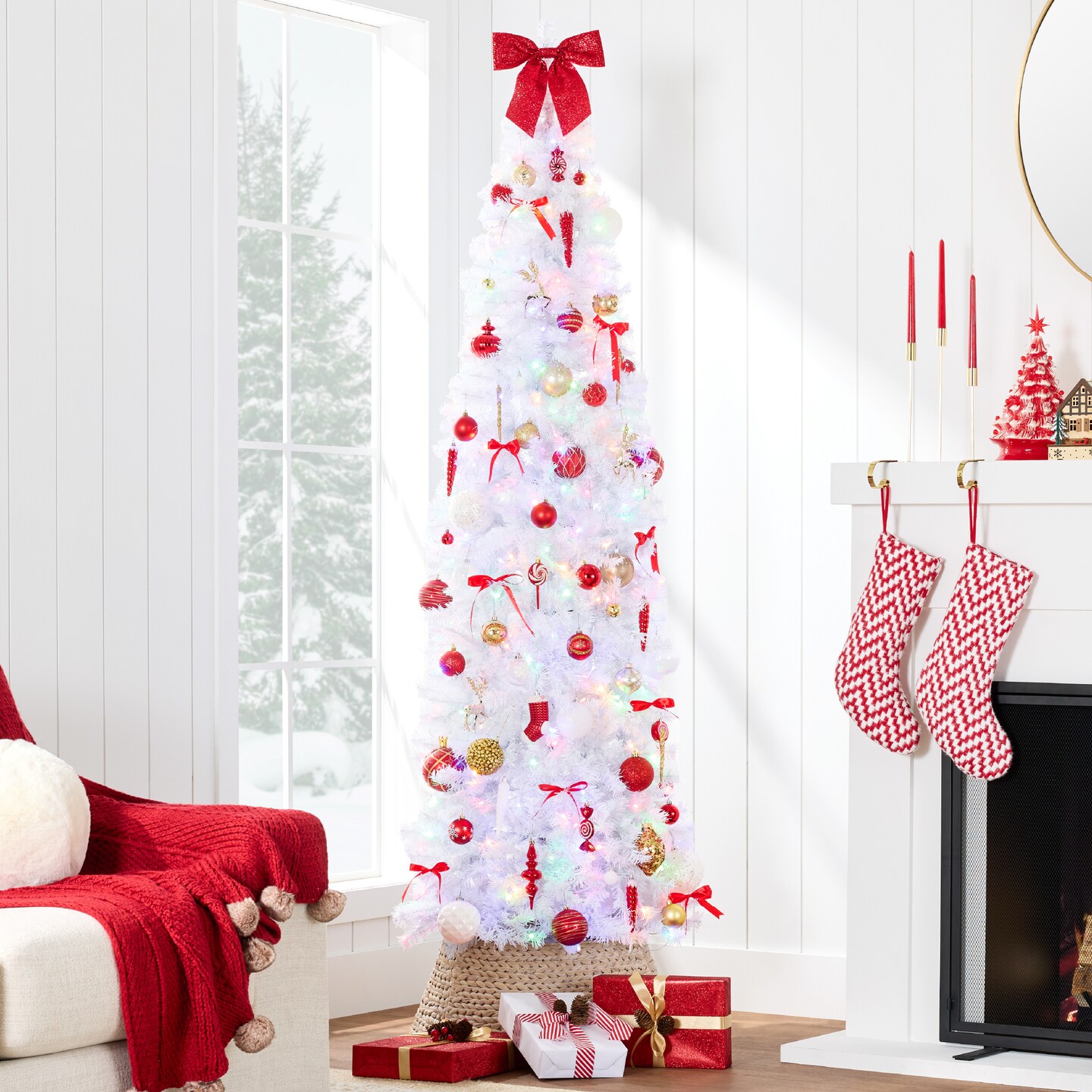 Best Choice Products Pre-Lit White Pencil Christmas Tree w/ Foldable Base, 2-in-1 Multicolor Lights