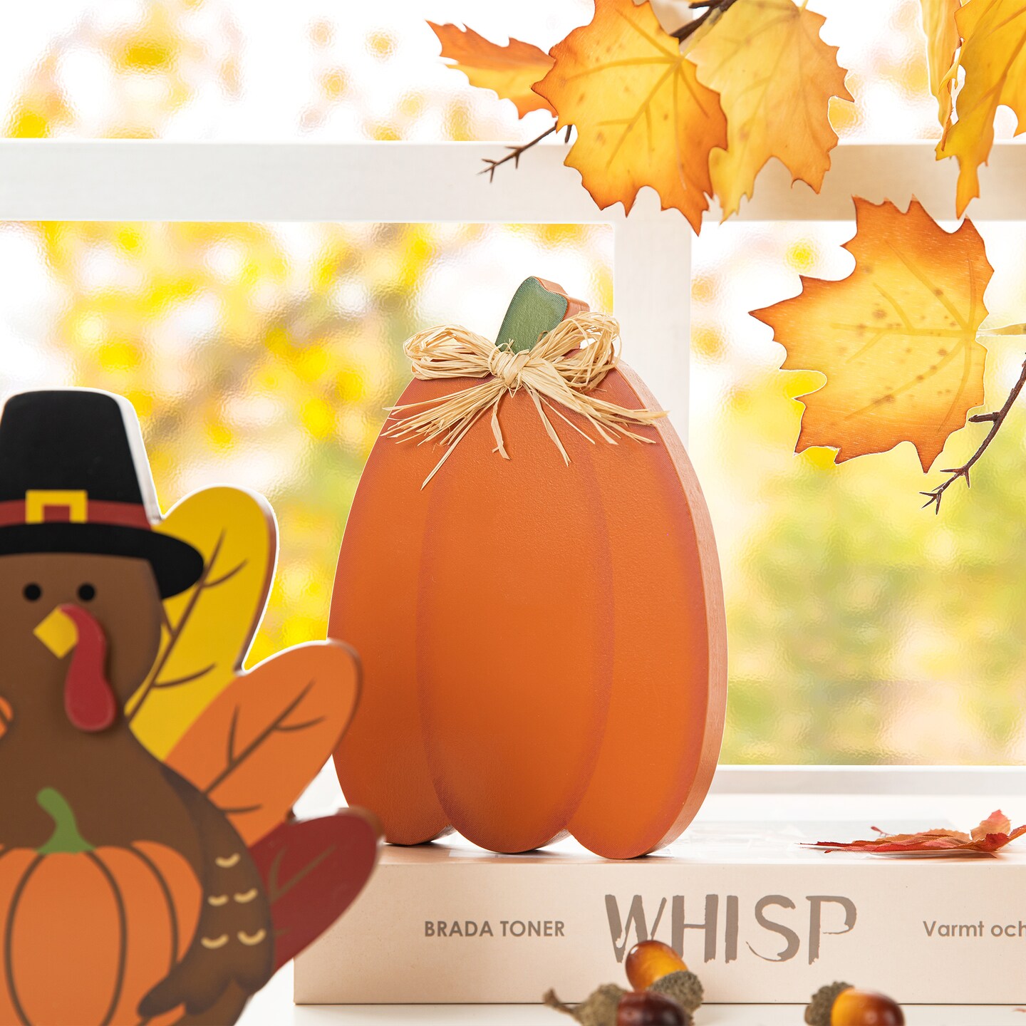 7&#x22;H Set of 3 Thanksgiving Wooden Pumpkin, Turkey &#x26; Croissant Table Decor