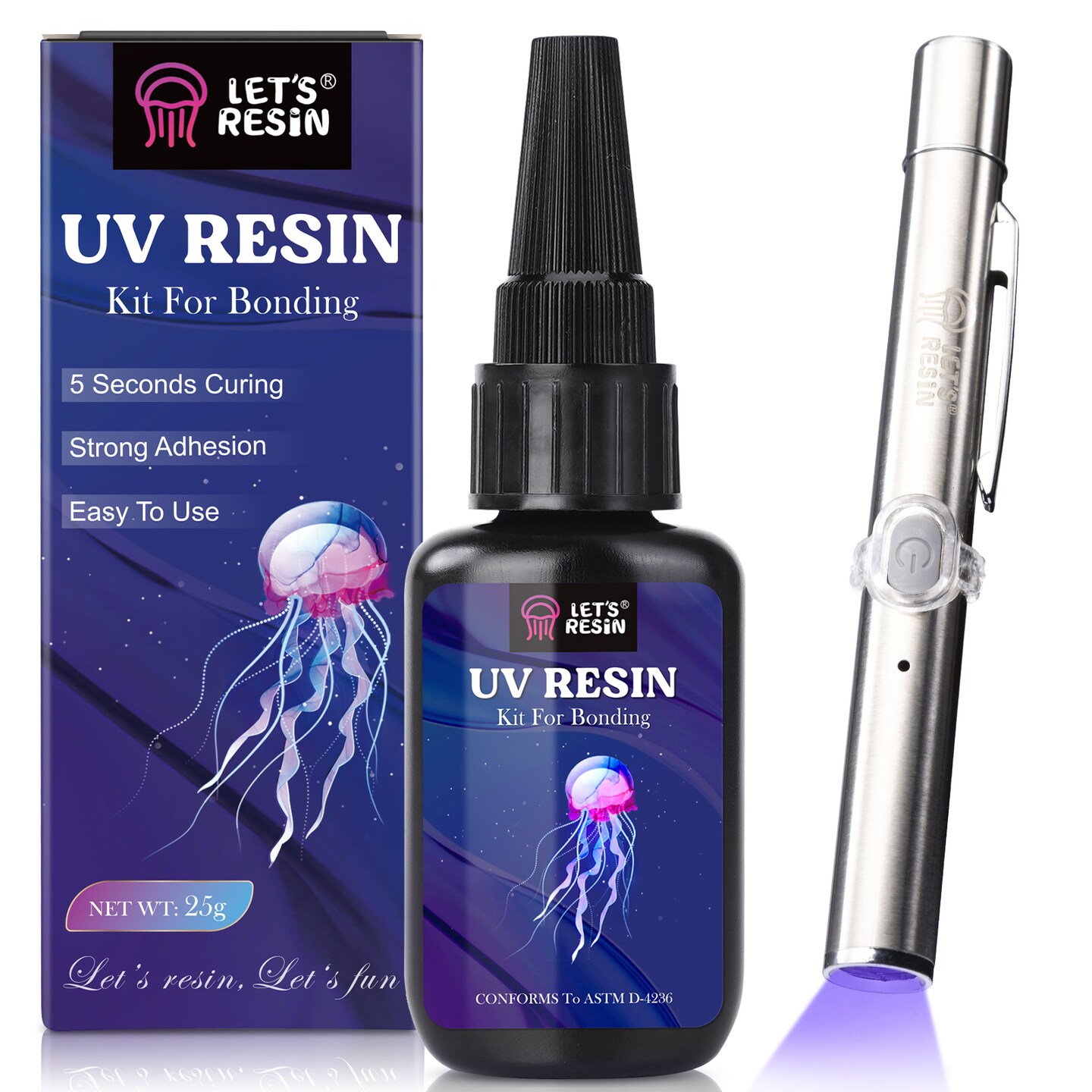 LET&#x27;S RESIN UV Resin Kit with Light, Bonding&#x26;Curing in Seconds, 30g UV Resin Kit with UV Flashlight for Welding, Jewelry UV Glue Adhesive for Plastic Repair, Glass Light, Craft Decor