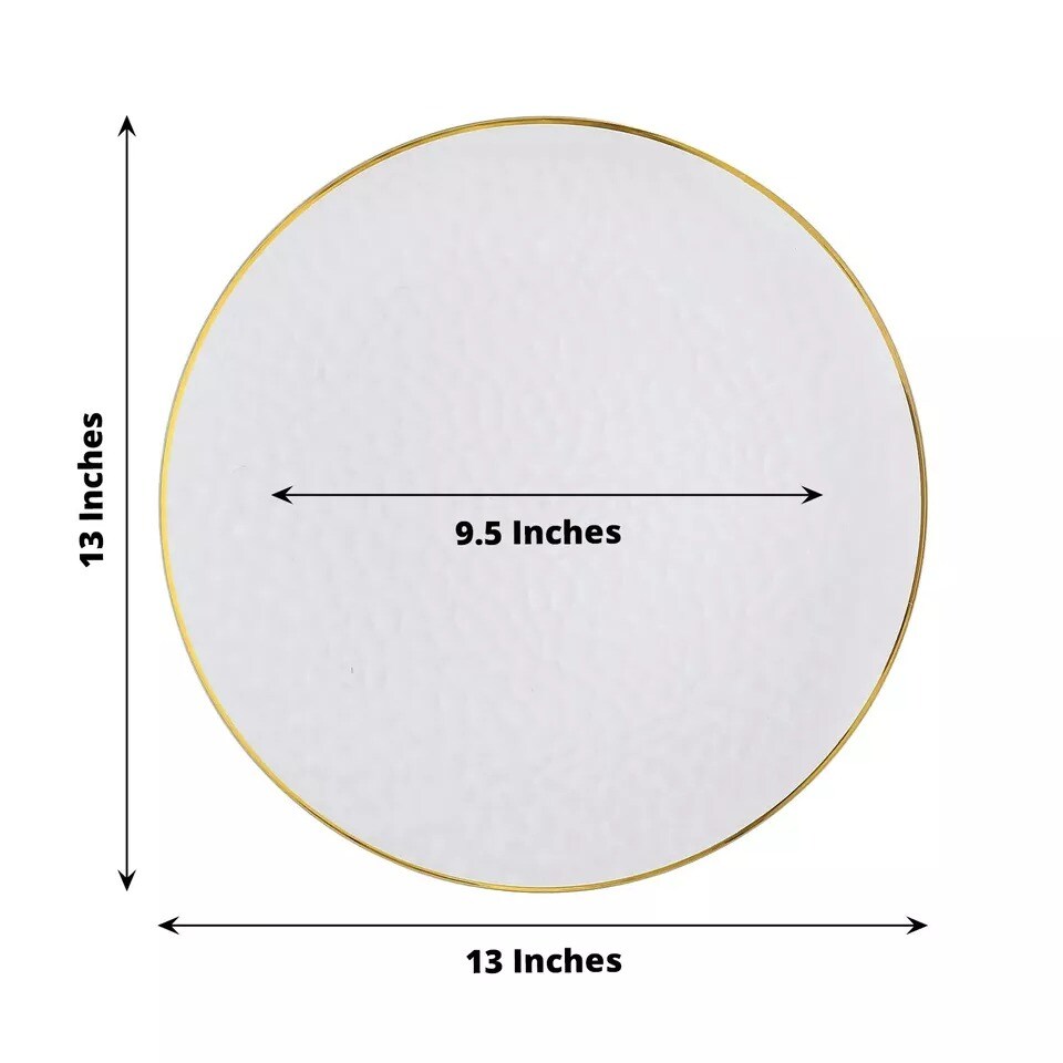 6 Clear 13 in Round Hammered Plastic CHARGER PLATES Gold Trim Party Decorations