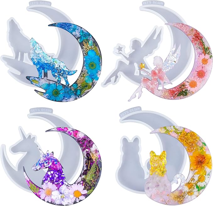 LET&#x27;S RESIN Resin Molds, Crescents Moon Molds, Epoxy Molds, Silicone Molds for Epoxy Resin, Wolf with Moon, Cat with Moon, Unicorn with Moon