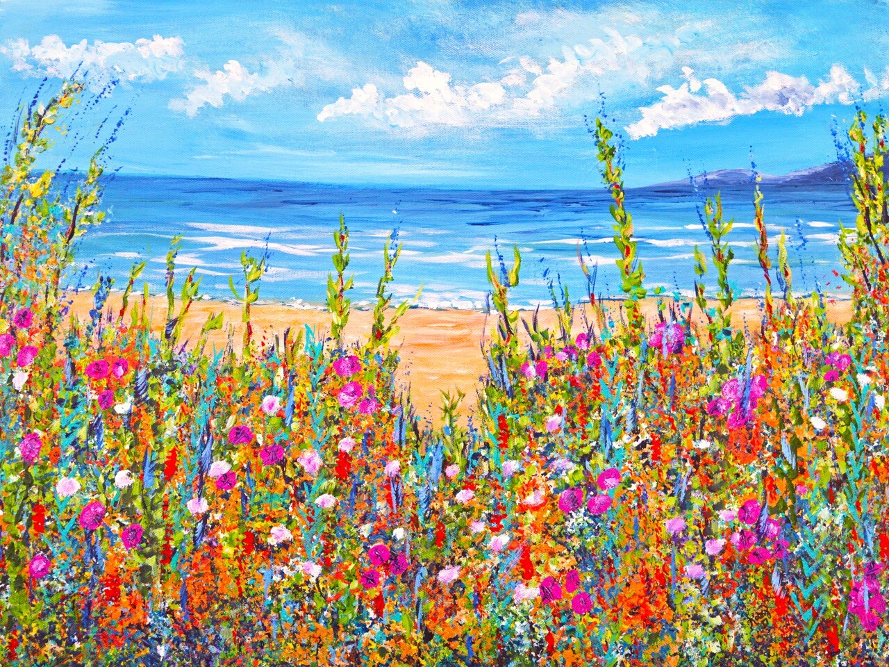 Ocean beach with flowers wall art print Summer Beach