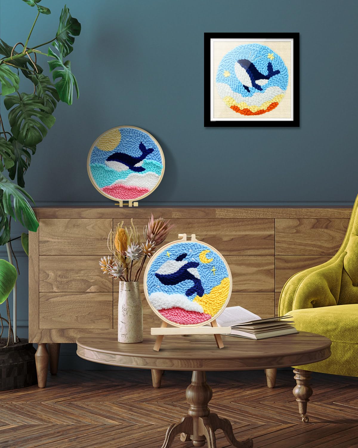 Punch Needle Kits, 3 Pack Punch Needle Embroidery Kits for Adults Beginner, Tool with Punch Needle Fabric, Hoops, Yarns and Sewing Needles (Whale)