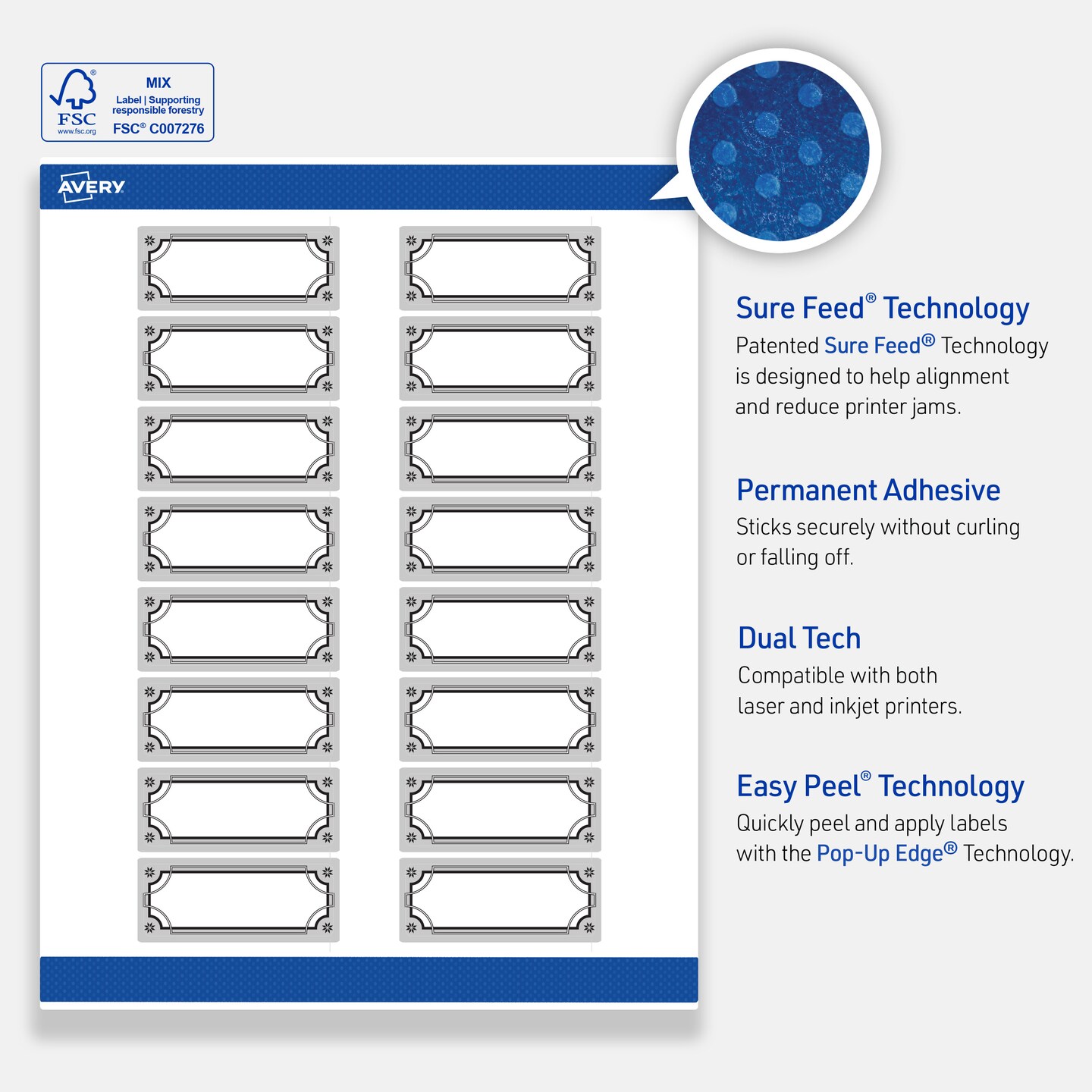 Avery Printable Rectangle Labels, 1" x 2-5/8", Matte White, Pre-printed Metallic Silver Border/Black Frame Design, Sure Feed Technology, Laser & Inkjet Compatible, 320 Total