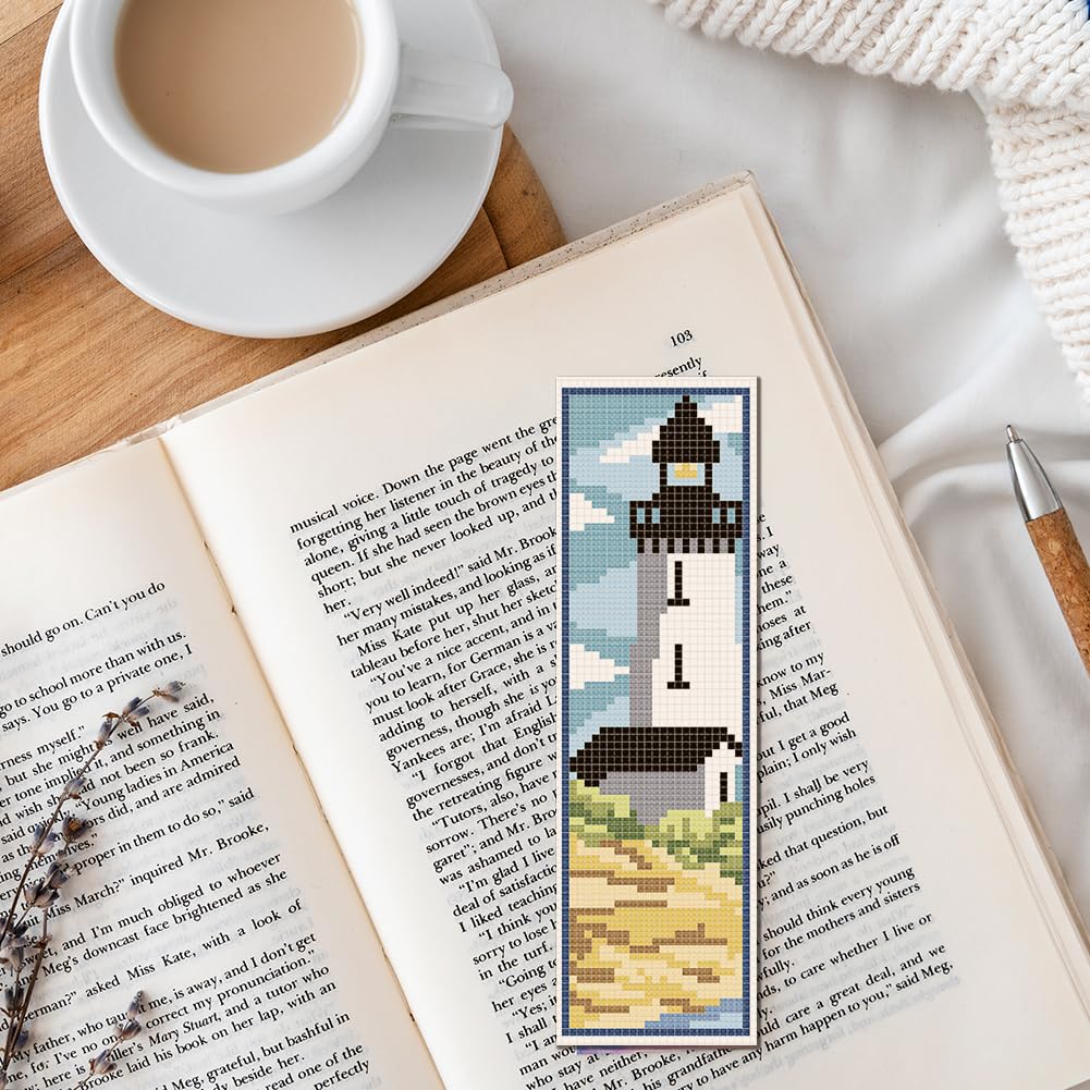 6 Set Bookmark Cross Stitch Kits Cross Stitch Bookmark Kit with Instructions Lighthouse Scenery Pattern Embroidery Kit for Beginners Bookmarks Making Kit for Gift