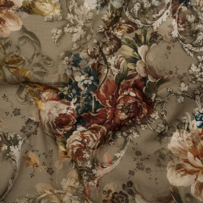 1 Yard Cotton Crepe Dusty Olive Red and Teal Blue Vintage Floral