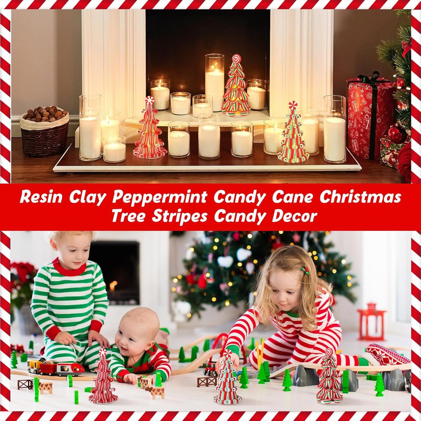 3 Pcs Christmas Ribbon Candy Tree Tabletop Decor - 7 Inches (Red, White, Green)