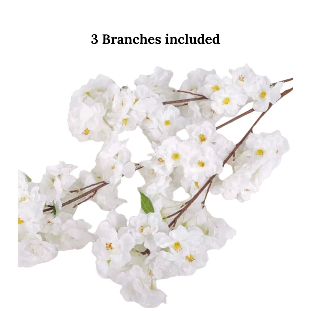 Aria White Cherry Blossom Branches Set of 3 Artificial Silk Stems Faux White Floral Bundle for Home, Wedding & Event Decor