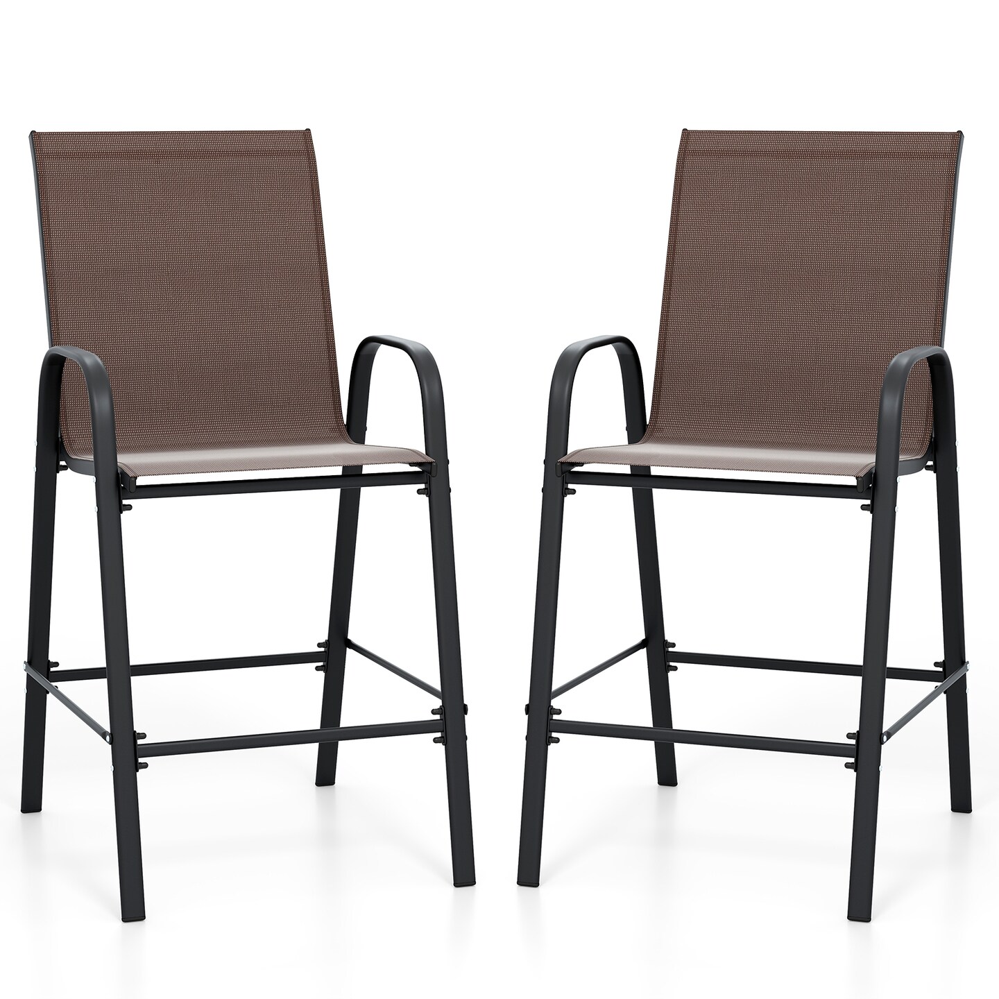 Set of 2 Outdoor Bar Stools 29 Inch High Back Fabric Patio Chairs with Armrests and Footrest Metal Frame