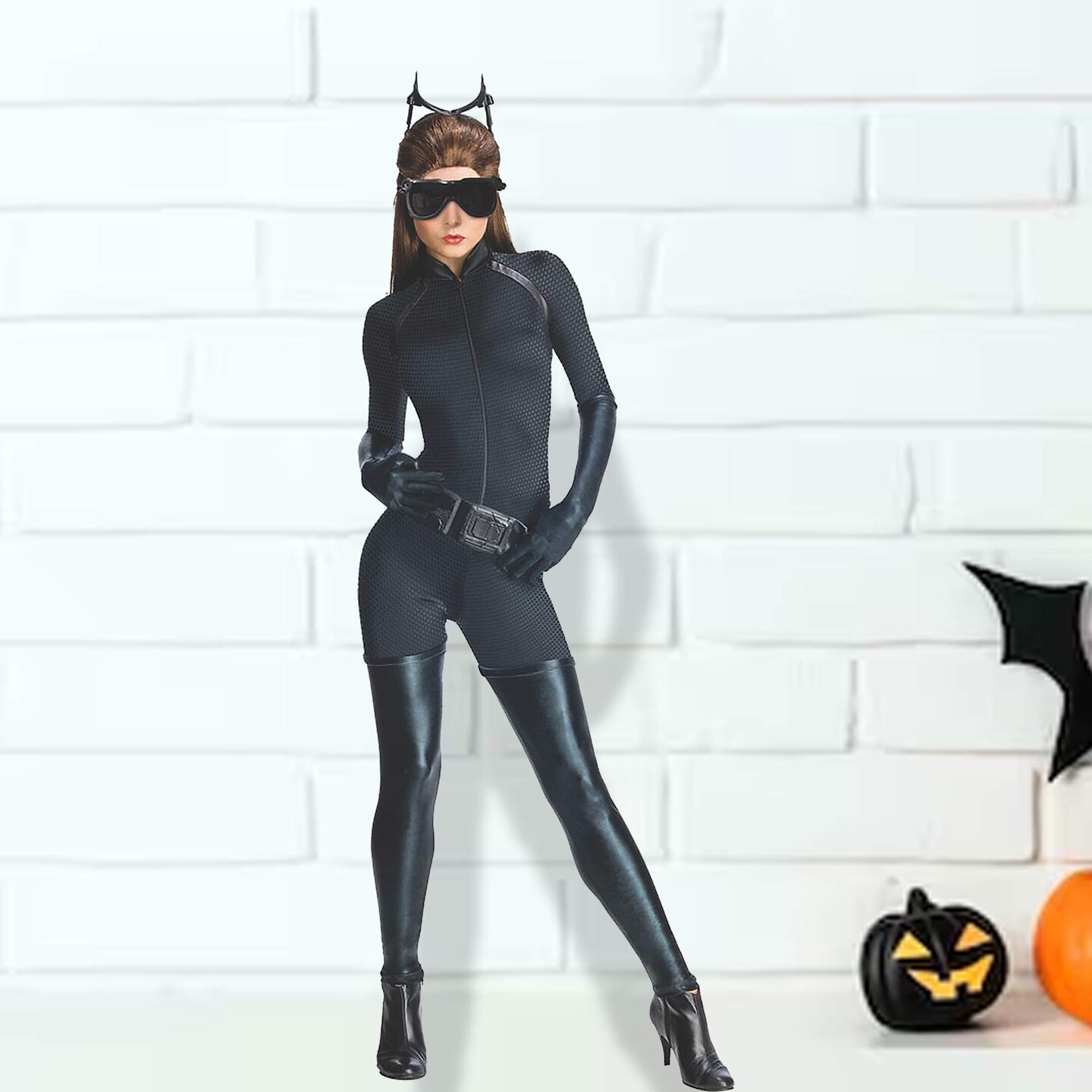 Womens Catwoman Costume Sexy Polyester Jumpsuit With Molded Mask And Belt