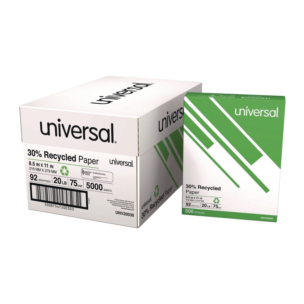 Universal 20 lbs. Bond Weight 92 Bright 8.5 in. x 11 in. 30% Recycled Copy Paper - White (500 Sheets/Ream, 10 Reams/Carton)