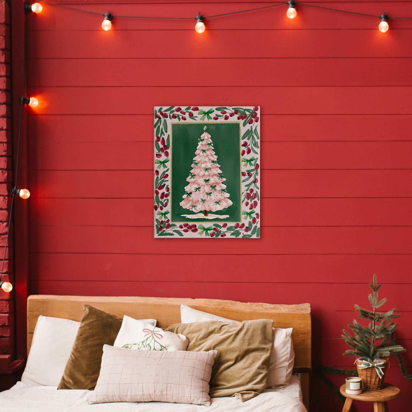 Stupell Industries Pink Christmas Tree Botanical Border Canvas Wall Art, design by Yen