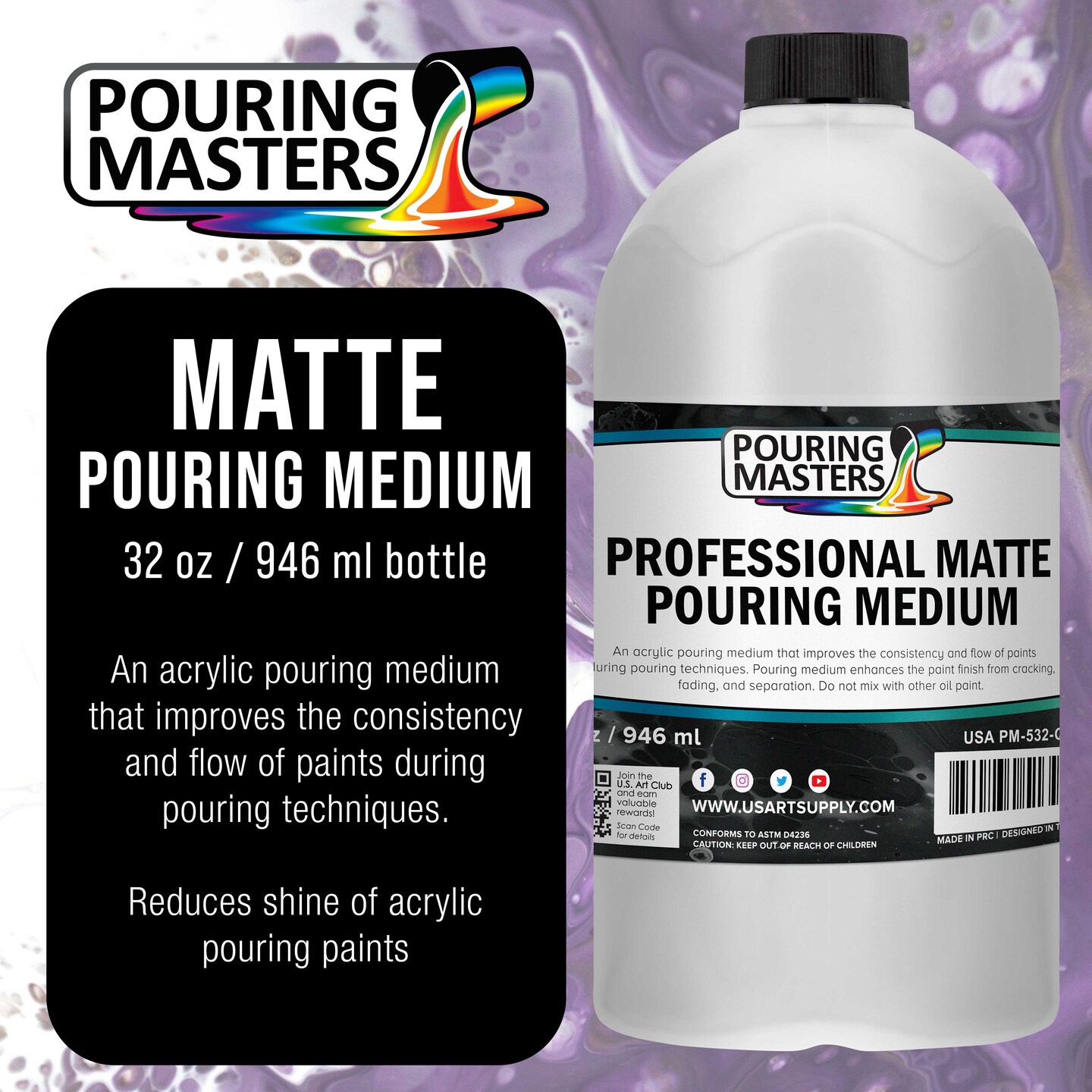 32oz (Quart) Pouring Paint Matte Medium - Professional Acrylic Medium for Improving Paint Flow &#x26; Cell Effects Creator, Viscosity Adjuster