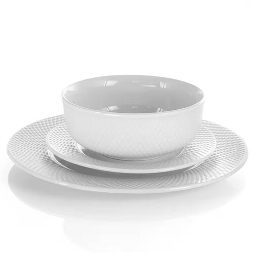 18-Piece White Porcelain Dinnerware Set for 4 with Plates Bowls Mugs Hatch Pattern