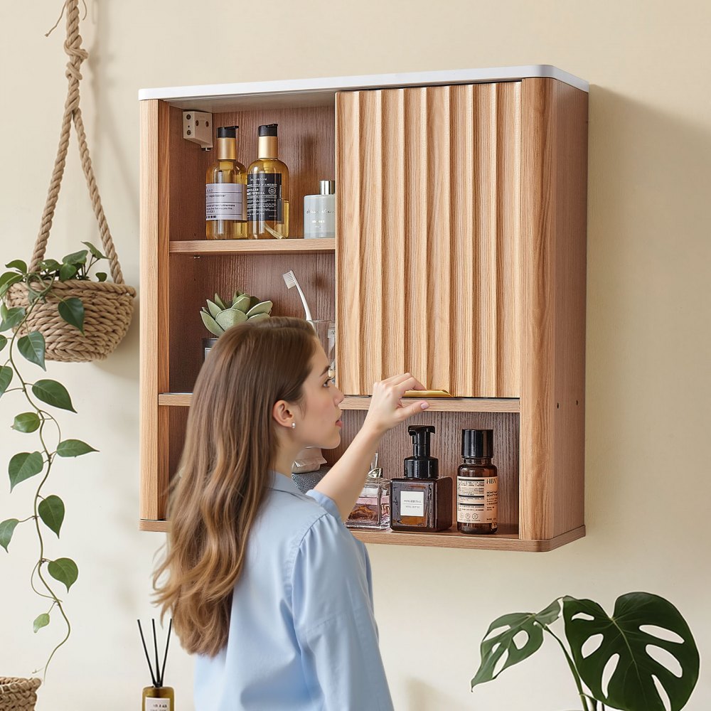 Natural Bathroom Cabinet with Hanging Organizer & Adjustable Shelf