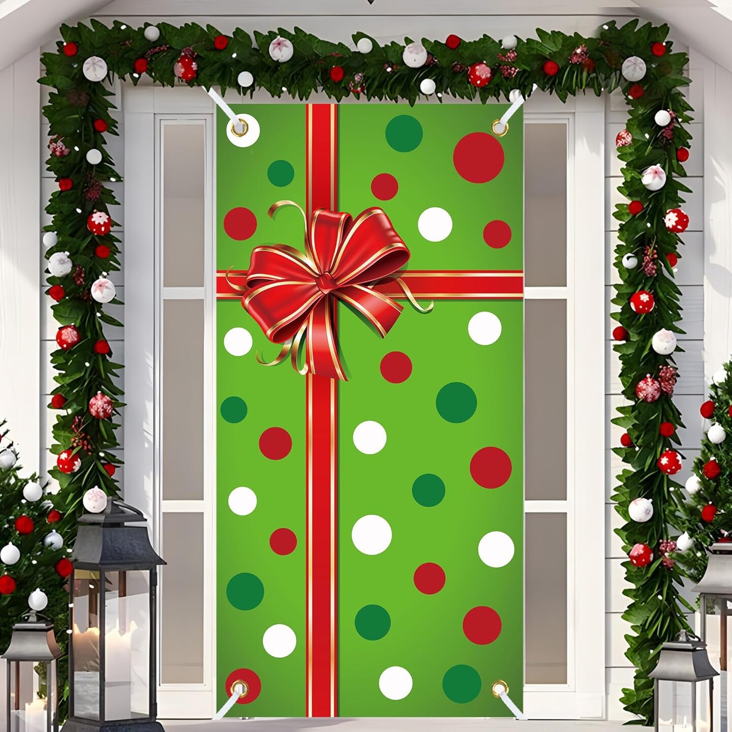 Christmas Door Cover Xmas Gift Box Door Hanging Banner Merry Christmas Front Doors Cover Backdrop Decorations for Holiday Indoor Outside Party Supplies, 70.9 x 35.4 Inch(Green Polka Dots)