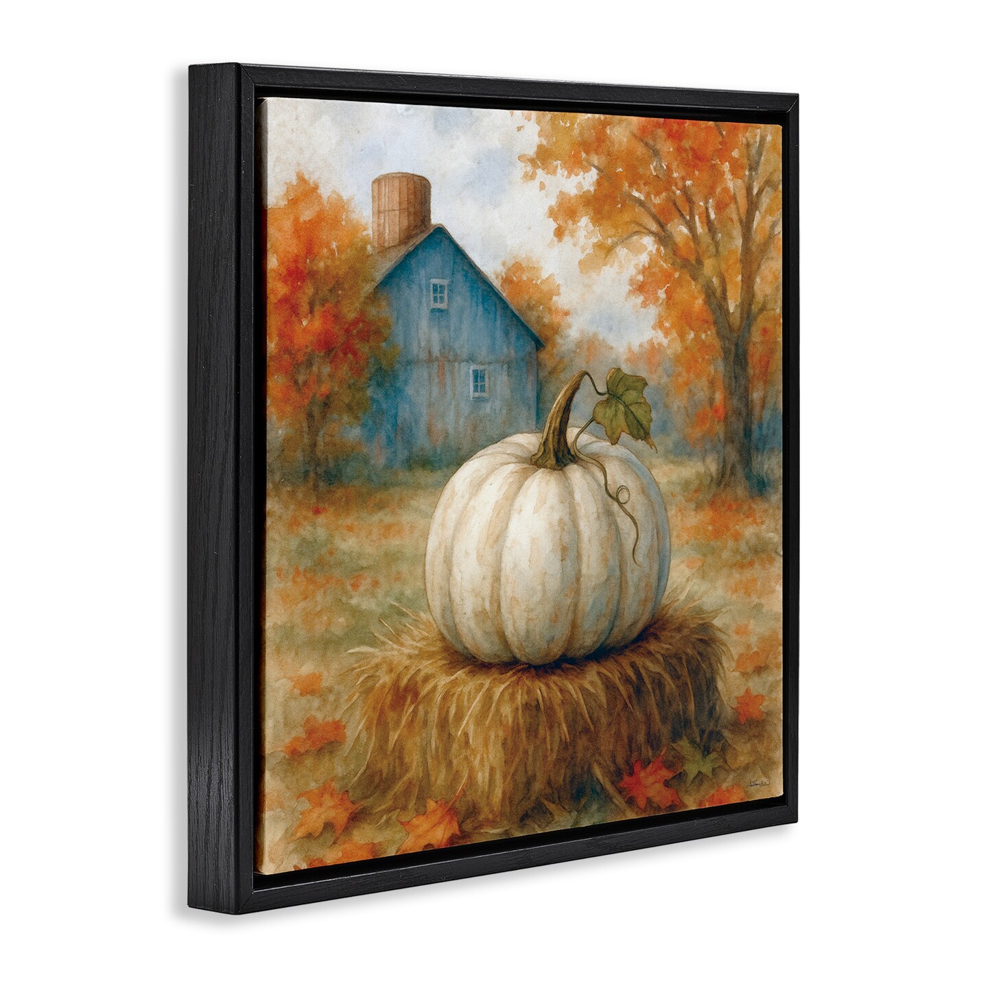 Stupell Industries Harvest Pumpkin on Hay Bale Black Framed Floater Canvas Wall Art, design by Antony Smith