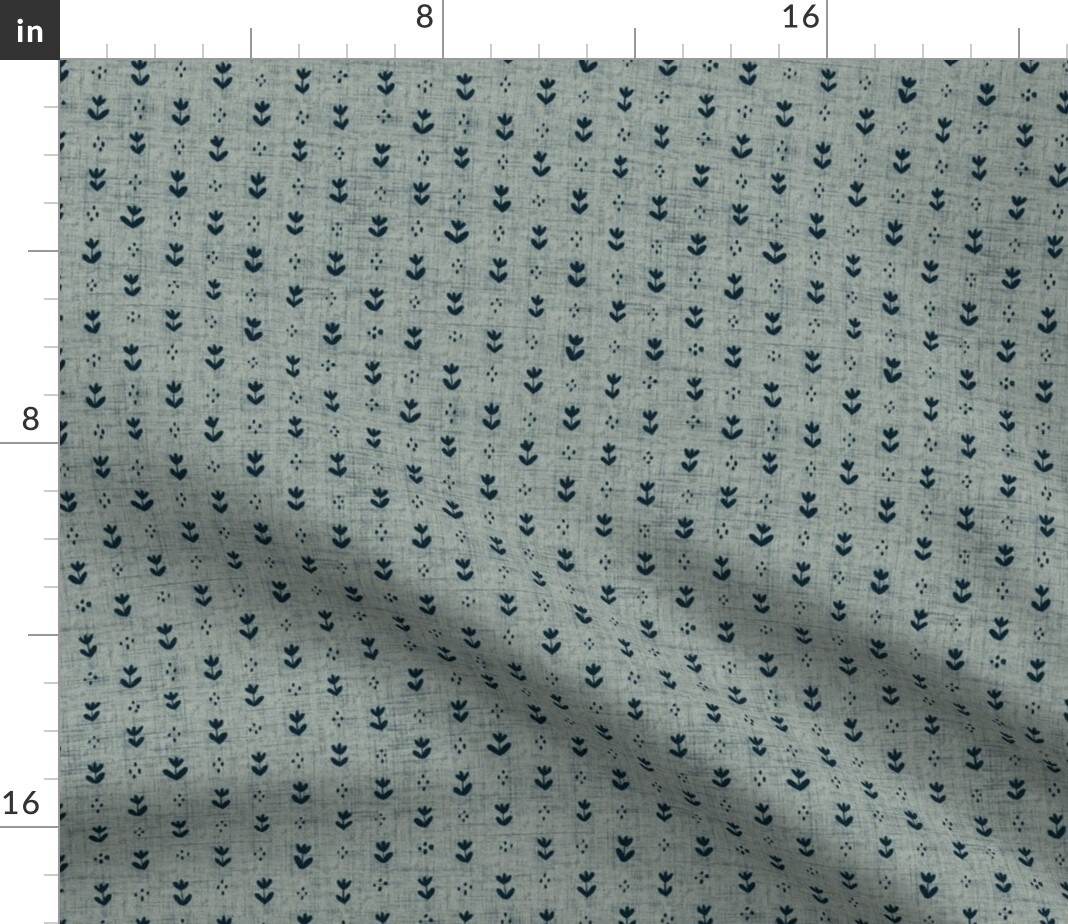Tiny Navy Flower Gray Green Midnight Blue Folk Art Small Scale Simple Rustic Farmhouse Custom Printed Fabric by Spoonflower Various Fabrics by the Yard or Fat Quarter 14223749