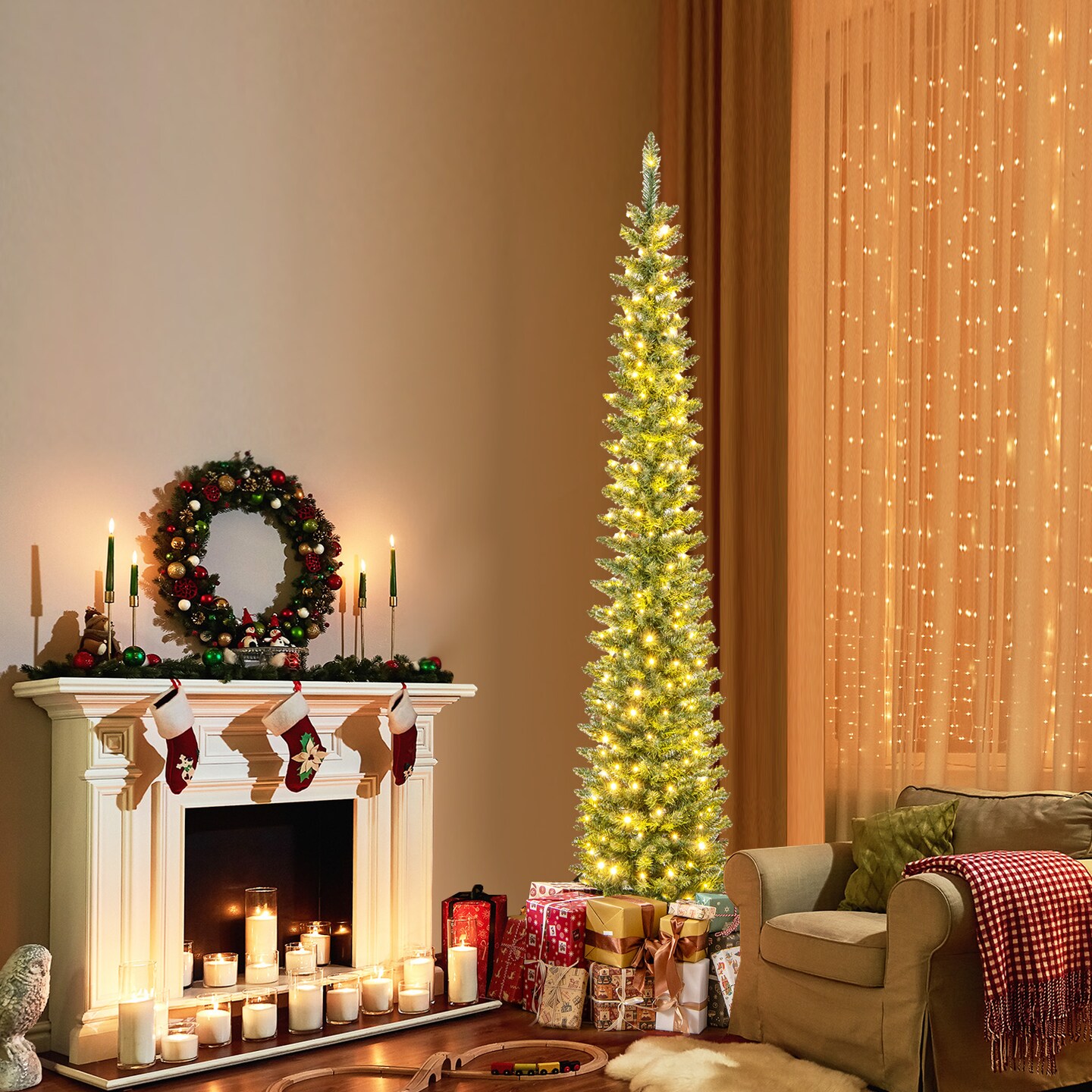 Green PVC Metal Slim Pencil Christmas Tree with LED Lights
