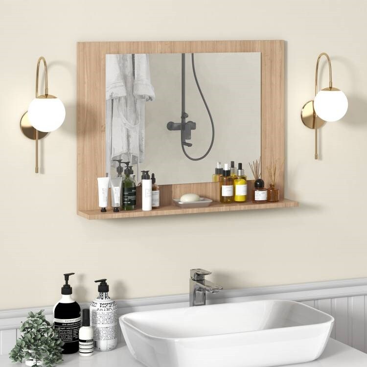 Bathroom Wall Mirror with Shelf and Rectangular Wood Frame