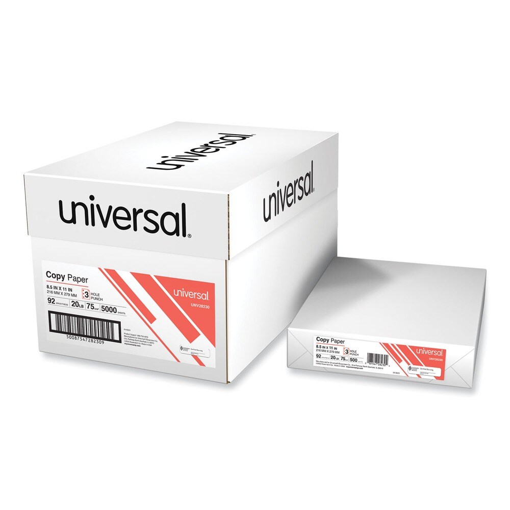 Universal 20 lbs. Bond Weight 92 Bright 3-Hole 8.5 in. x 11 in. Copy Paper - White (500 Sheets/Ream, 10 Reams/Carton)