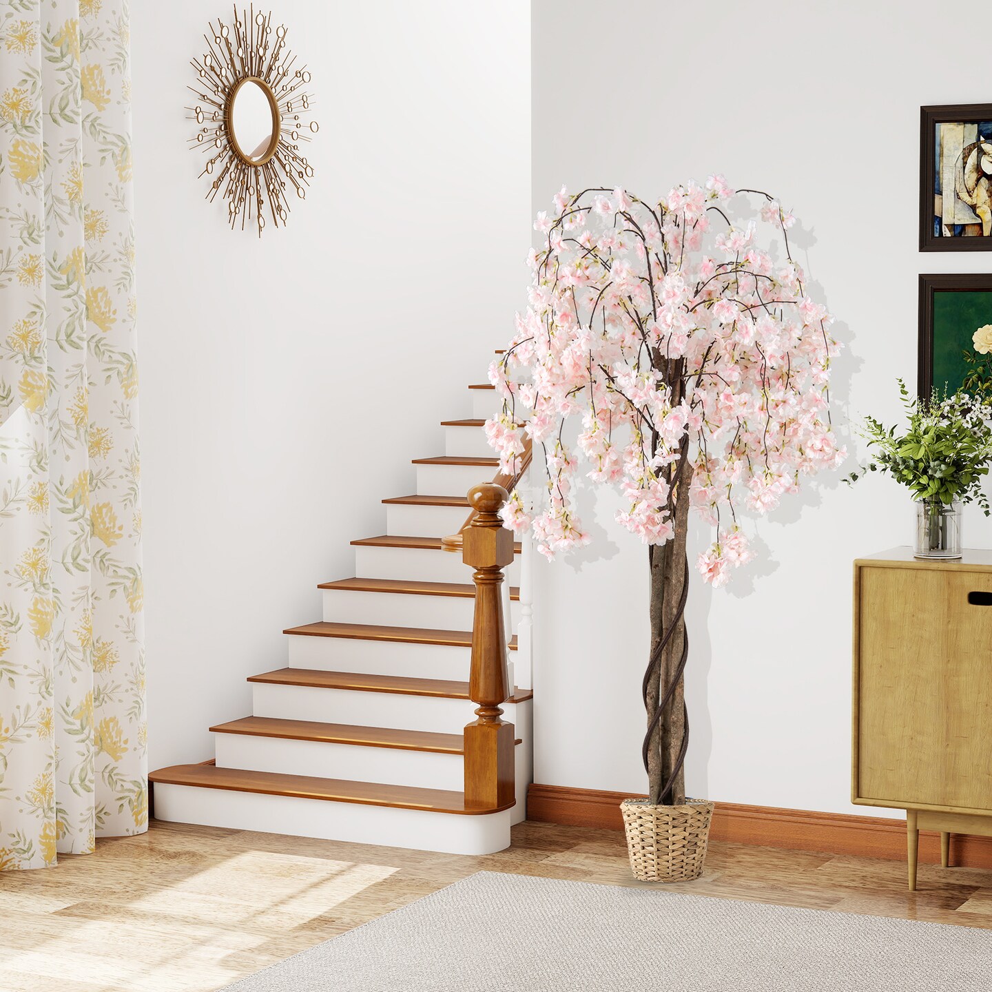 White Polyester Cherry Blossom Tree 5.5ft with Solid Wood Pot