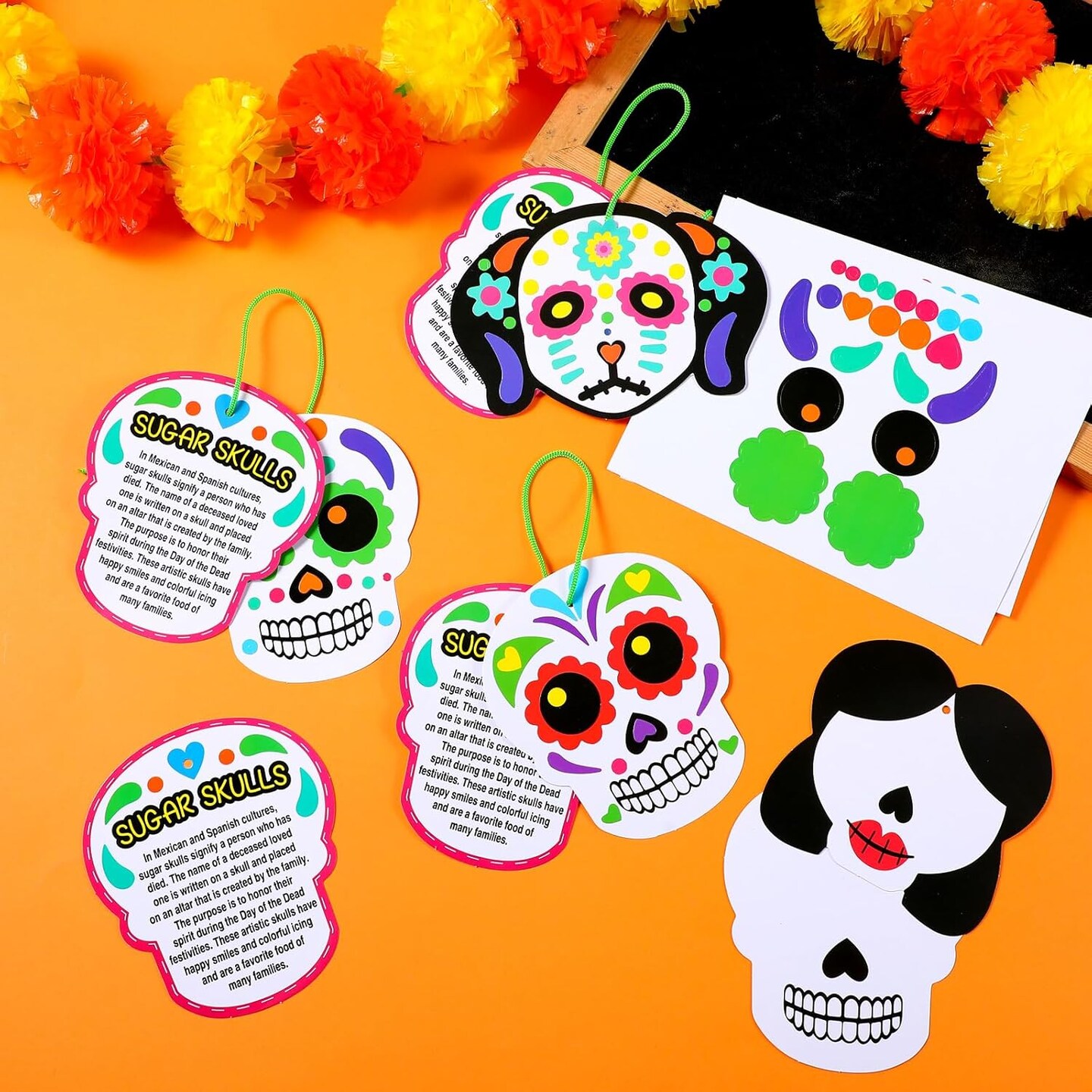 30 Sets Day of The Dead Sugar Skull Craft Kit Dia De Los Muertos Hanging Sign Ornament with Rope Make Your Own Sugar Skull Craft for Halloween Mexican Party Home Decorations Supplies