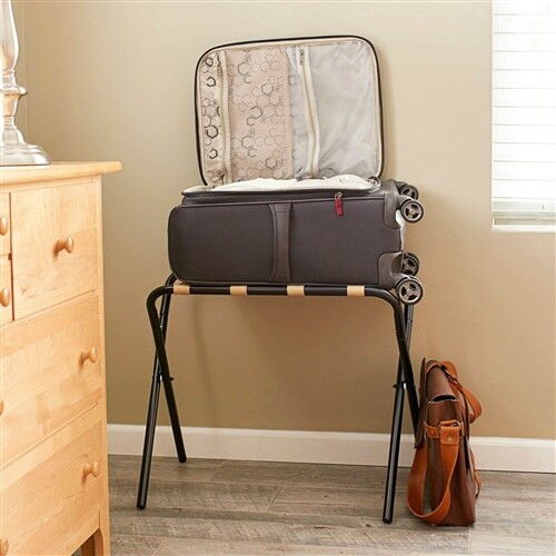 Guest Room Luggage Rack with Collapsible Black Frame and Tan Khaki Straps for Suitcases