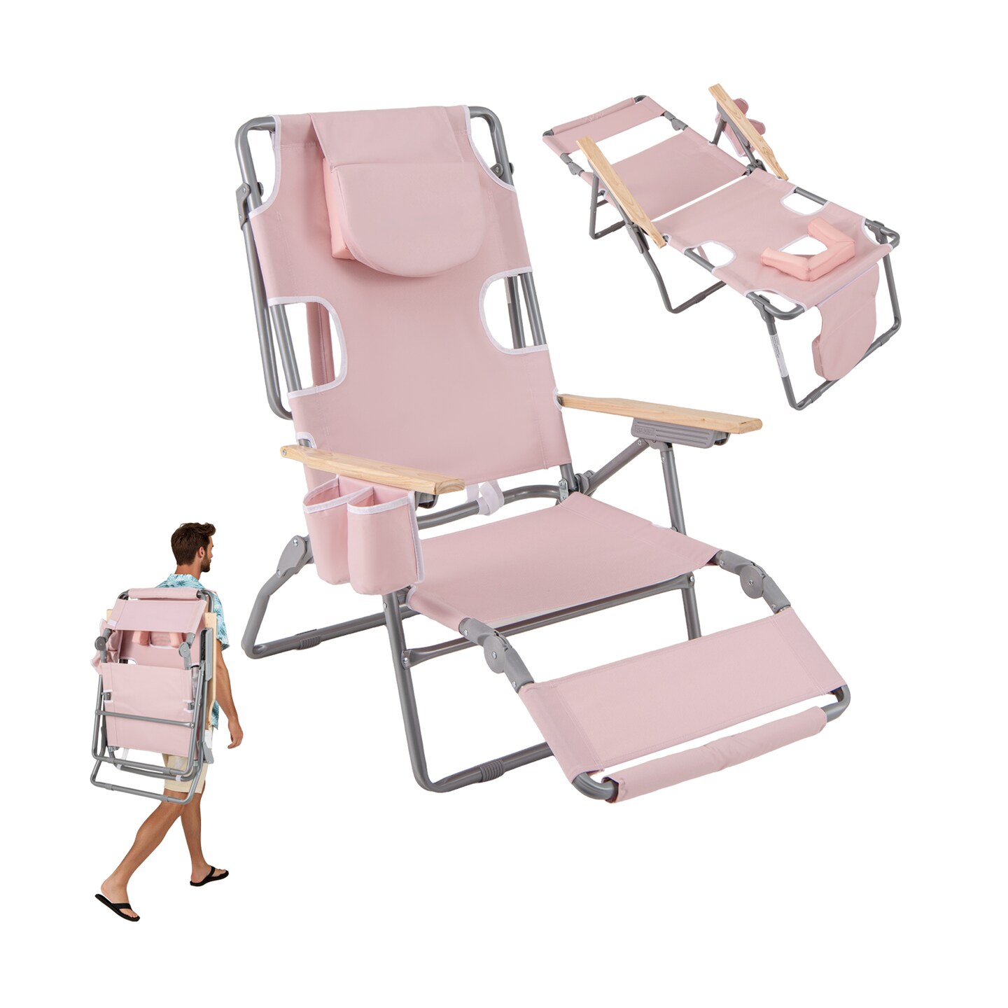 Folding Adjustable Beach Chair with Lay Flat Recliner Face Hole and Footrest Portable