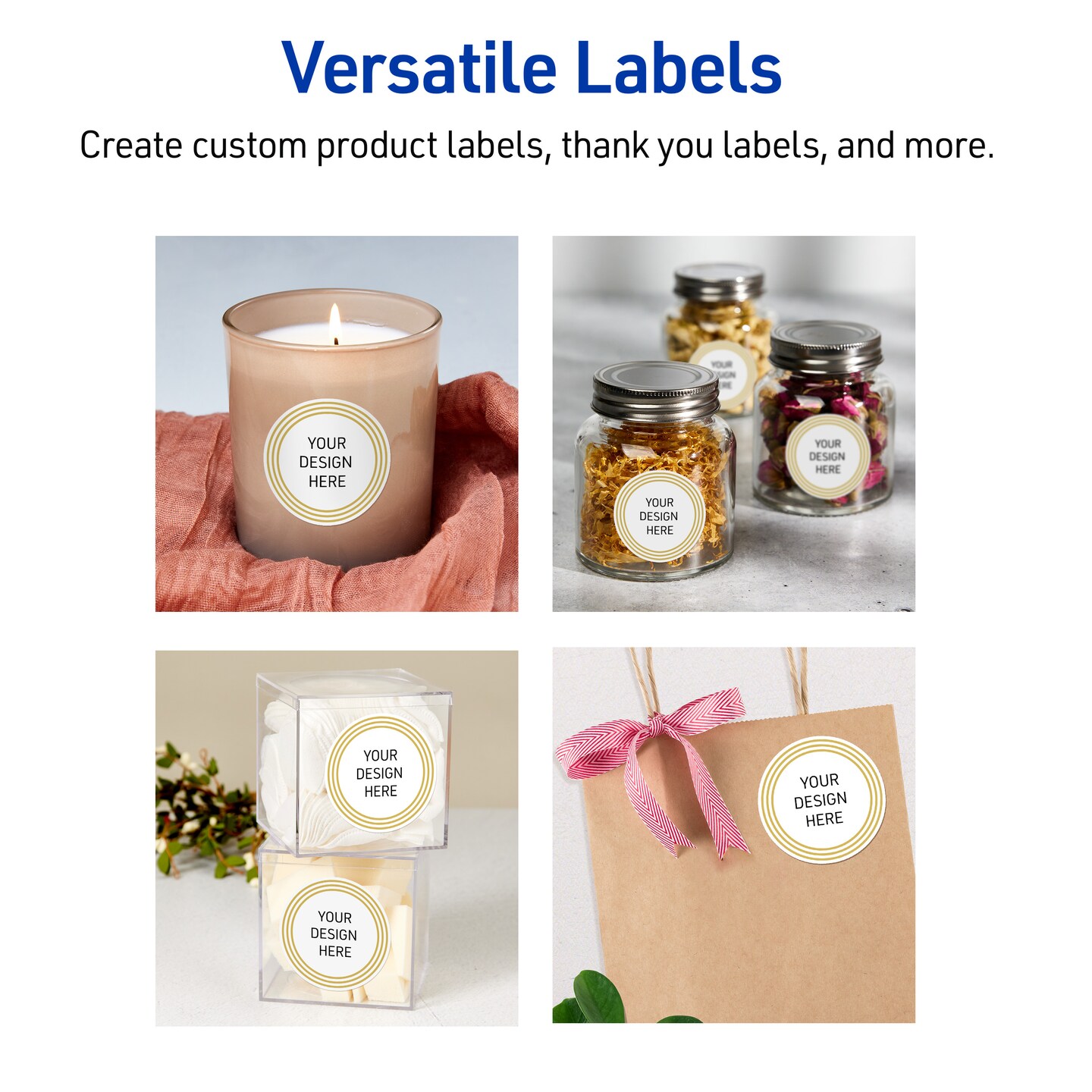 Avery Printable Round Labels with Sure Feed Technology, Multi-Lined Gold Border Design, 2&#x22; Diameter, Glossy White Permanent Labels, Laser/Inkjet, 120 Total, Great for Product Labels