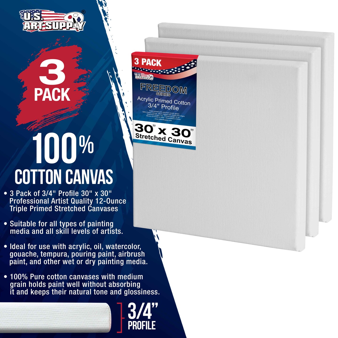 30 x 30 inch Stretched Canvas 12-Ounce Triple Primed, 3-Pack - Professional Artist Quality White Blank 3/4&#x22; Profile, 100% Cotton, Heavy-Weight Gesso