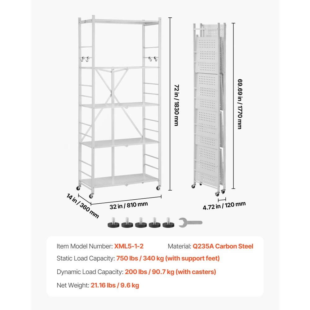 White Carbon Steel Folding Garage Storage Shelf with Wheels and 750 lbs Capacity