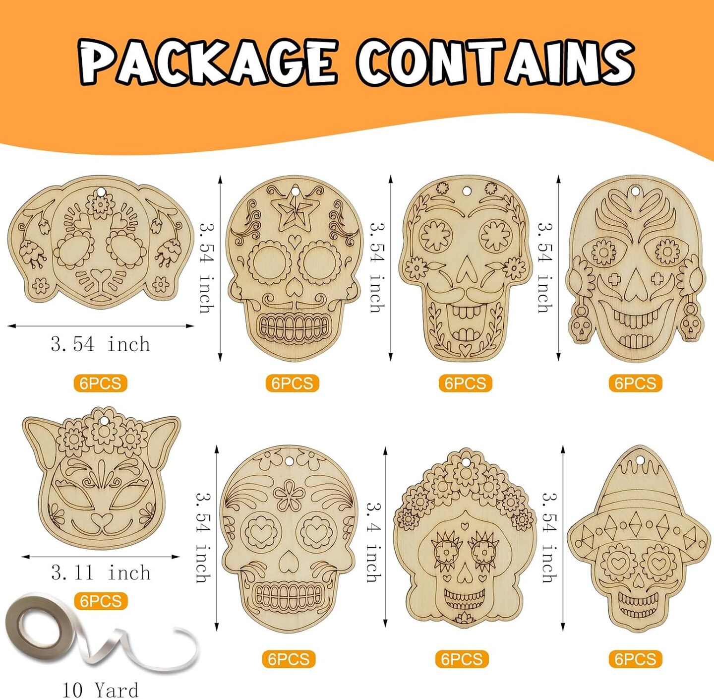 48 Sets Day of The Dead Skull Crafts Kits Unfinished Wooden Sugar Skull Ornaments Make Your Own Mexican Fiesta Festival Decor Halloween Blank DIY Painting Cutout Hanging Slices Tree Decorations