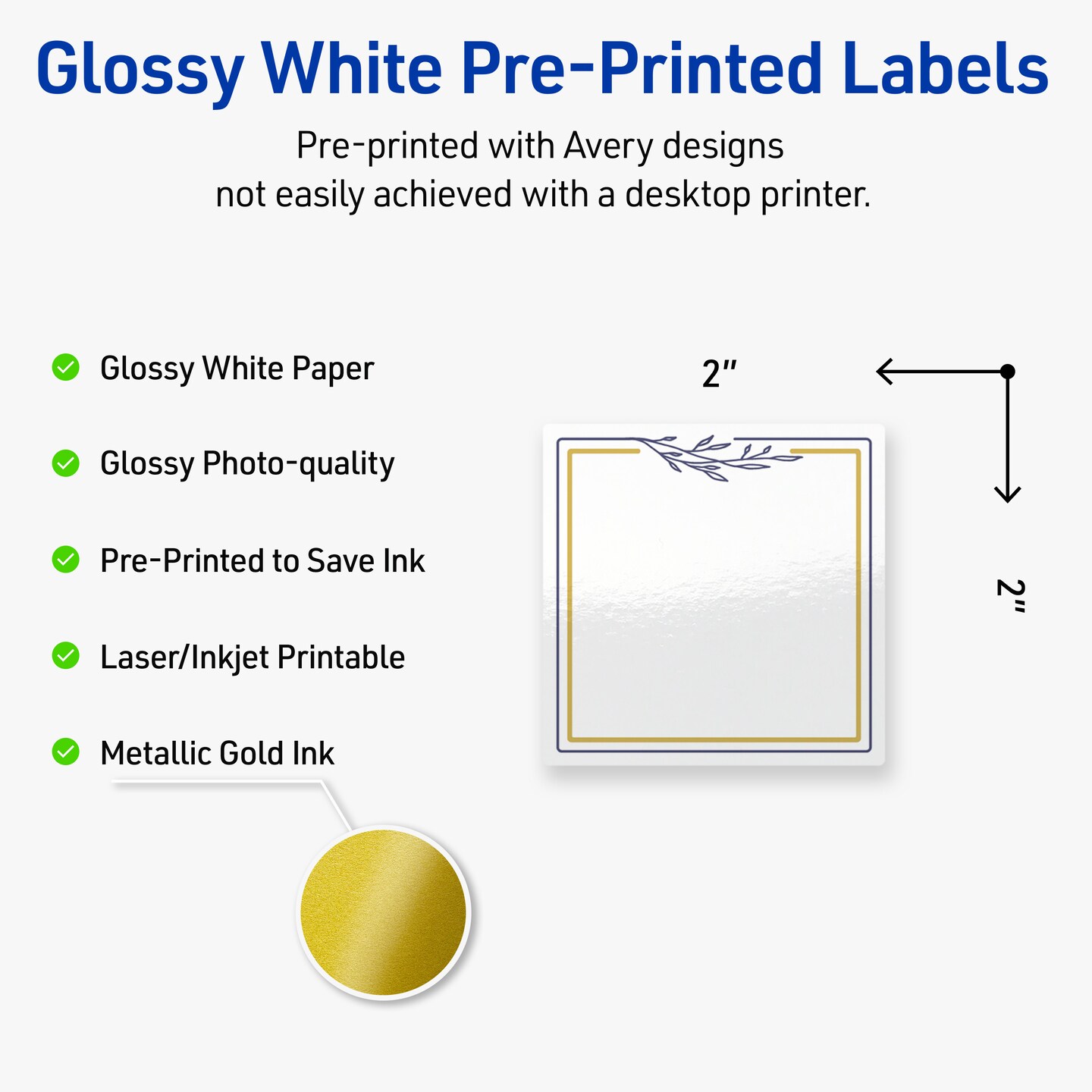 Avery Printable Square Labels, Gold & Navy Border with Florals, 2" x 2", Glossy White Square Labels, Permanent, Laser/Inkjet, 120ct, Great for Product Labels
