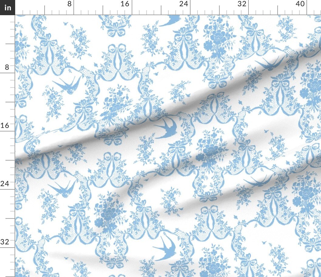 Decorative Toile Floral Birds Pale Blue Damask Botanical Nature Cottage Chic Custom Printed Fabric by Spoonflower Various Fabrics by the Yard or Fat Quarter