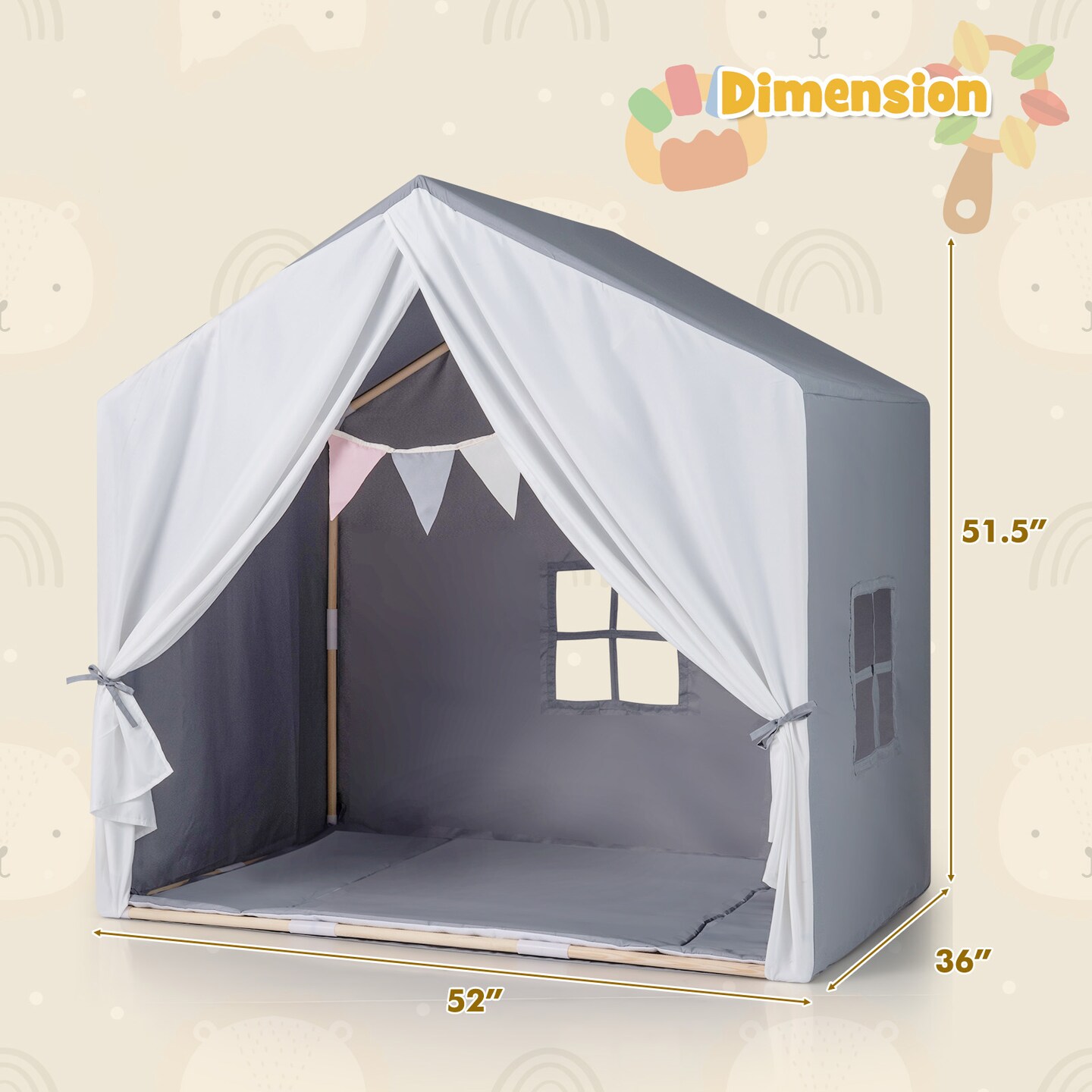 Grey Pine Wood Kids Play Tent with Fabric Mat, Windows and Flag Banner